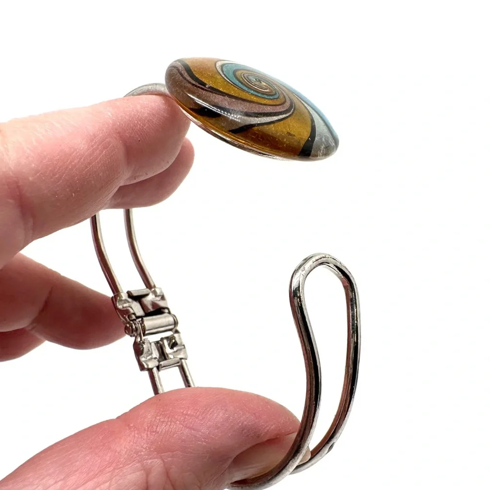 Vintage Dichroic Art Glass Silvertone Hinged Bangle Clamper Bracelet